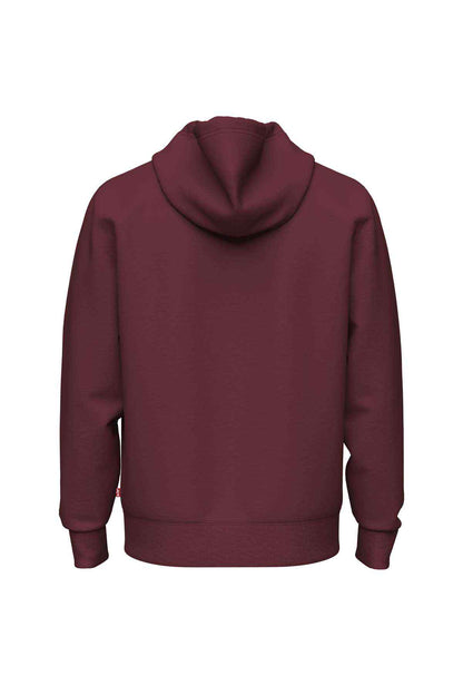 Levi's burgundy zip-up hoodie with hood and front pouch pocket, back view