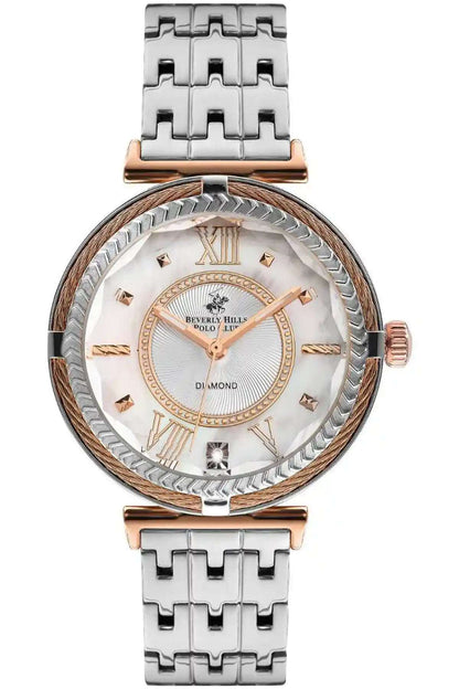 Silver wristwatch with round face, Roman numerals, and rose-gold crown