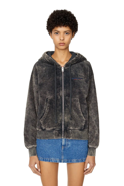 Diesel zip-front hoodie, dark charcoal wash, adjustable hood, front pockets