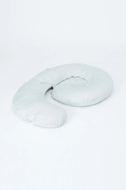 Light grey U-shaped nursing pillow with contoured back support and curved sides