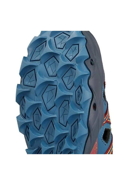 Merrell trail shoes tread pattern detail on blue outsole, rugged lugs