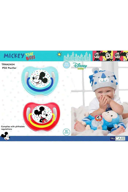 Mickey Mouse pacifier pair in blue and red, with character face graphics