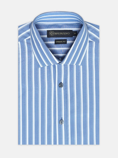 Light blue and white striped cotton dress shirt with buttoned front and spread collar