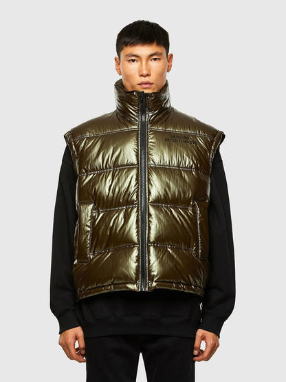 Diesel metallic olive padded puffer vest with zip and stand collar