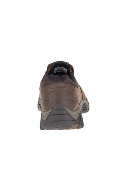 Dark earth slip-on trail shoe back view with cushioned collar and heel tab