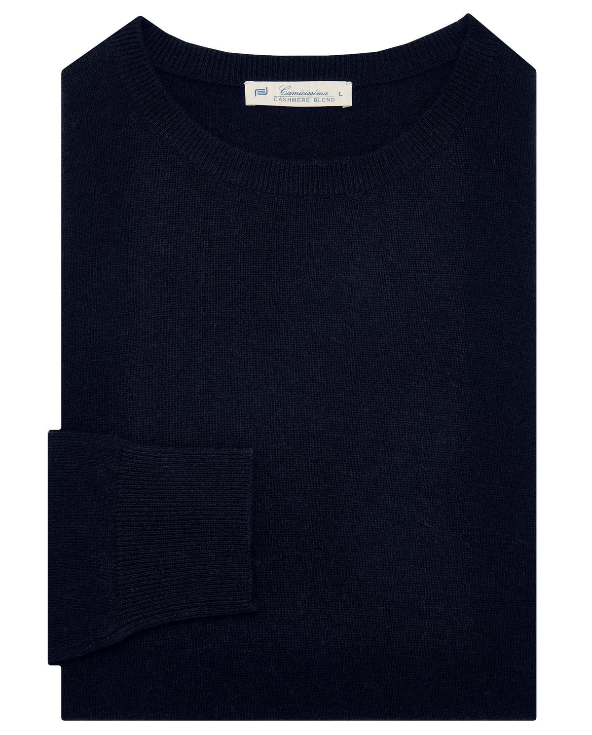 Dark blue crew-neck knit sweater with patch pocket detail