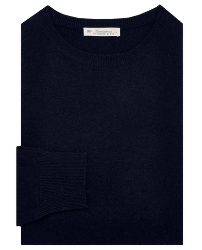 Dark blue crew-neck knit sweater with patch pocket detail