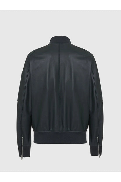 Dark green leather bomber jacket, back view with center seam and ribbed waistband