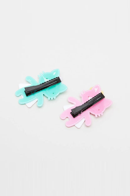 Dinosaur character hair clips with black comb clips, blue and pink