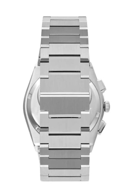 BHPC silver wristwatch, back view with metal bracelet and side crown