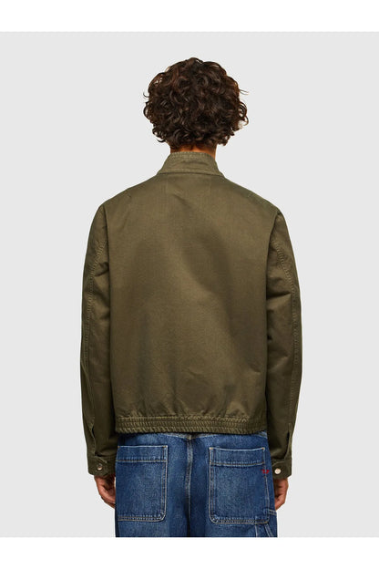 Olive green back view zip-up jacket with stand collar and central back seam