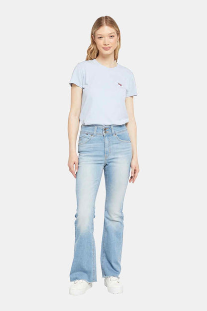 Light blue denim jeans with wide flared leg, 5-pocket styling, button fly