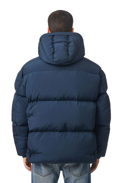 Dark blue hooded puffer jacket back view with quilted panels