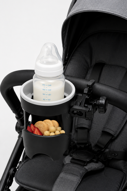 BABYSHOP black stroller cup holder with bottle and snack cup attached to stroller