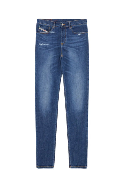 Diesel blue denim jeans flat lay front view with button closure and straight legs