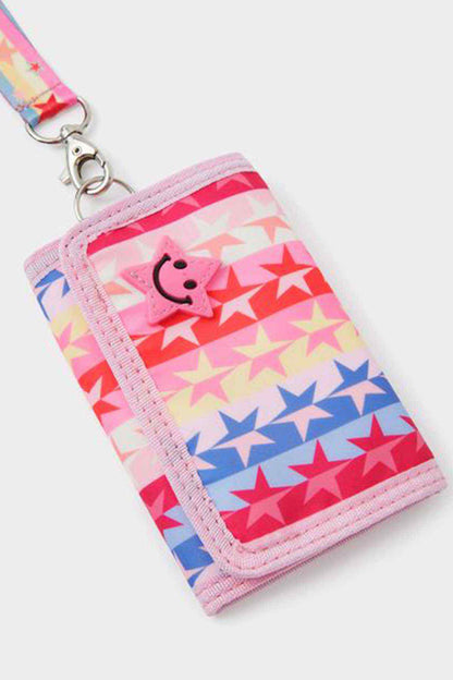 Star-print mini wallet with keyring strap, multicolor stars on pink