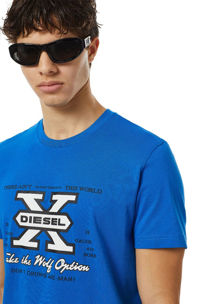 Blue T-shirt close-up with front graphic logo and slogan text