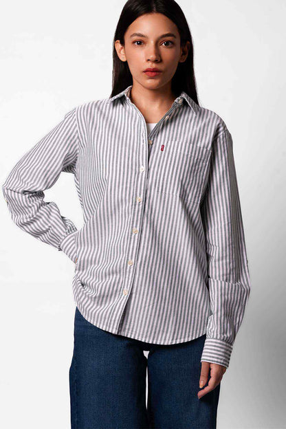 Levi's striped button-up shirt in light gray/white, long sleeves, front buttons