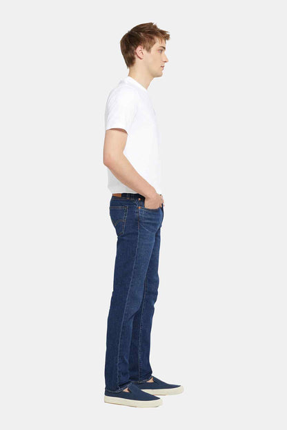 Blue straight-leg jeans side view with belt loops and stitched hem