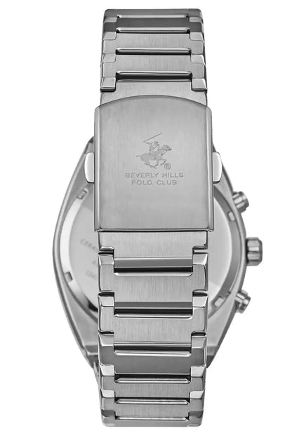 Silver metal watch caseback with engraved Beverly Hills Polo Club logo, link bracelet