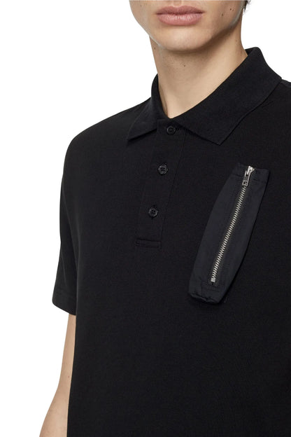 Black polo shirt chest area with button placket and zip pocket detail