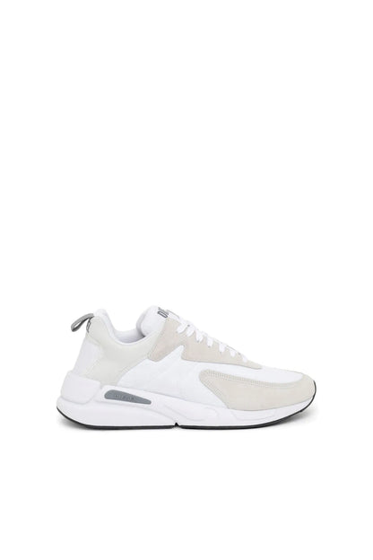White sneakers with beige panels, lace-up front and dark sole trim