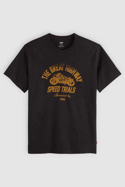 Black graphic T-shirt with multicolor racing logo and Speed Trials text
