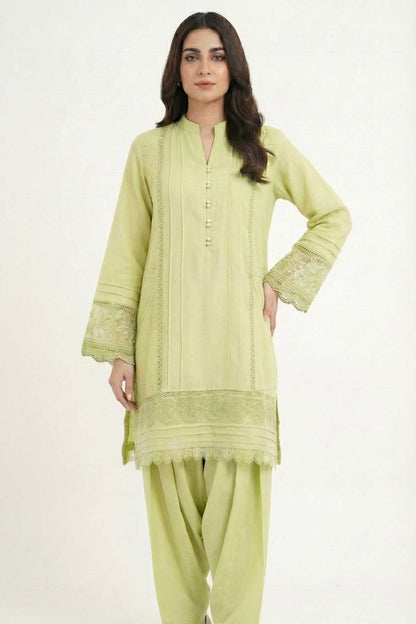 Light green embroidered kurta set with straight hem and lace cuffs, matching pants
