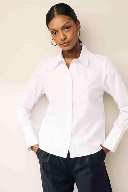 NEXT white button-up shirt with long sleeves and cuffs, front view