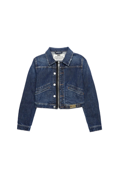 Blue cropped denim jacket with snap buttons and chest pockets