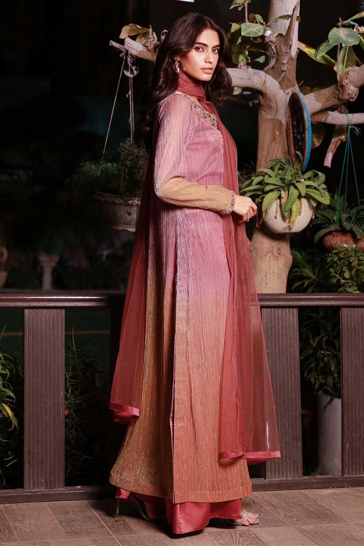 Velour rose pink long dress, side view with straight silhouette and long sleeves