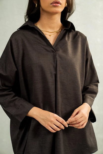 Charcoal hooded top with V neckline and relaxed drape