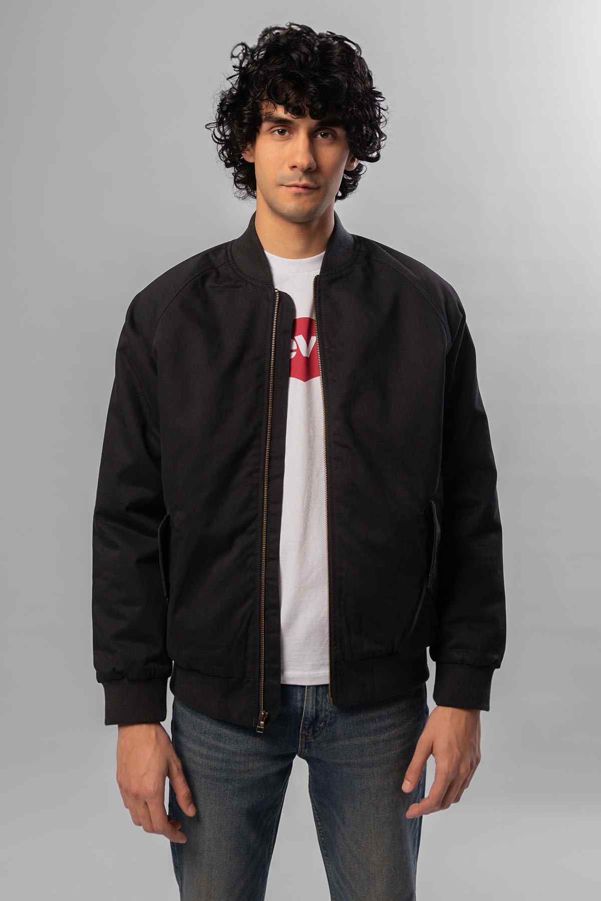 Black zip-front bomber jacket with ribbed cuffs and stand collar
