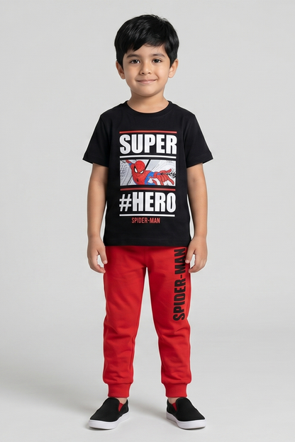 Black graphic T-shirt and red jogger pants set with SUPER #HERO SPIDERMAN print