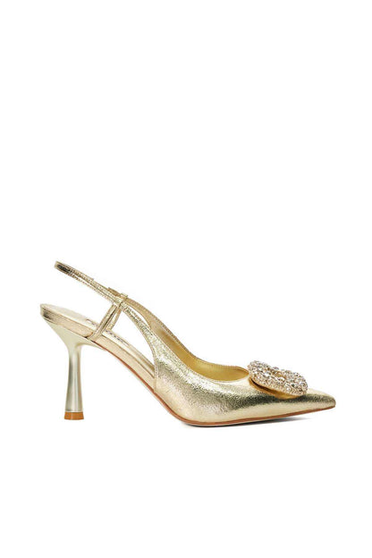 Gold metallic slingback stiletto heels with jeweled toe ornament
