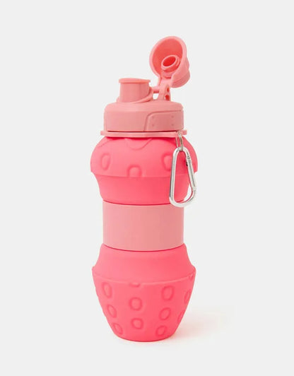 Pink silicone bottle with upward spout and metal carabiner clip