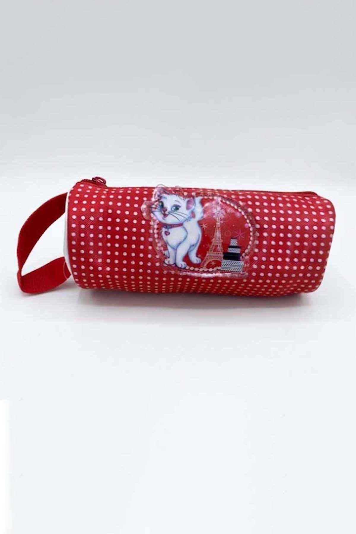 Red polka-dot cylinder pencil pouch with cat print and long carry strap