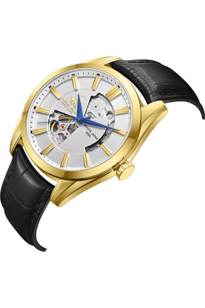 BHPC skeleton wristwatch, black leather band and gold-tone case, angled view of dial