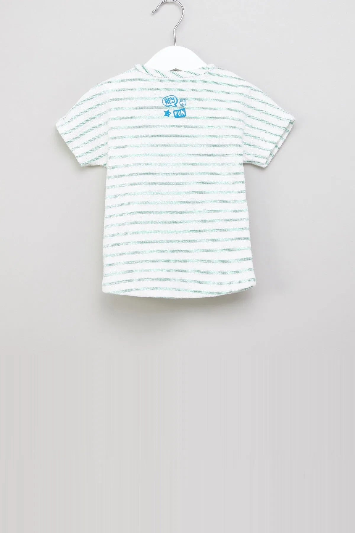 Baby T-shirt back view: white with mint stripes and small blue logo patch