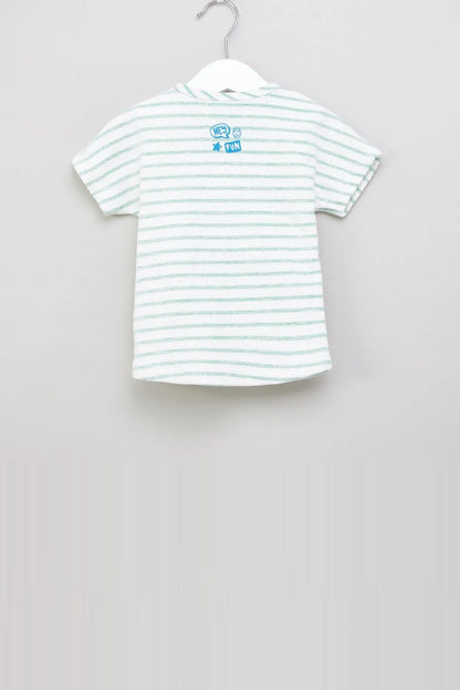 Baby T-shirt back view: white with mint stripes and small blue logo patch