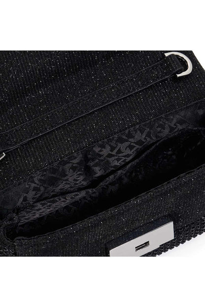 Black glitter clutch bag interior with patterned lining and zip pocket