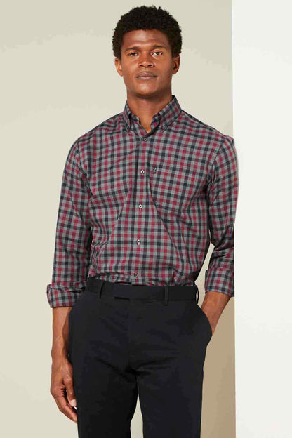 Mens plaid button-up shirt with long sleeves and button cuffs