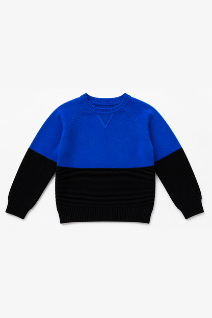 Blue and black color-block knit sweater, crew neck, long sleeves