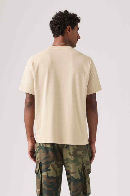 Men's beige crewneck short-sleeve T-shirt, back view with camo cargo shorts