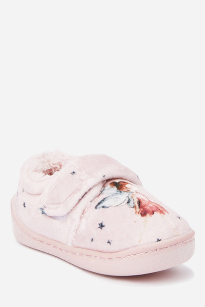 Pink plush baby slippers with animal and star print, cushioned stitched sole