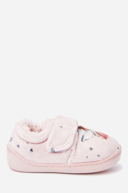 Pink plush baby slippers with star pattern and padded strap