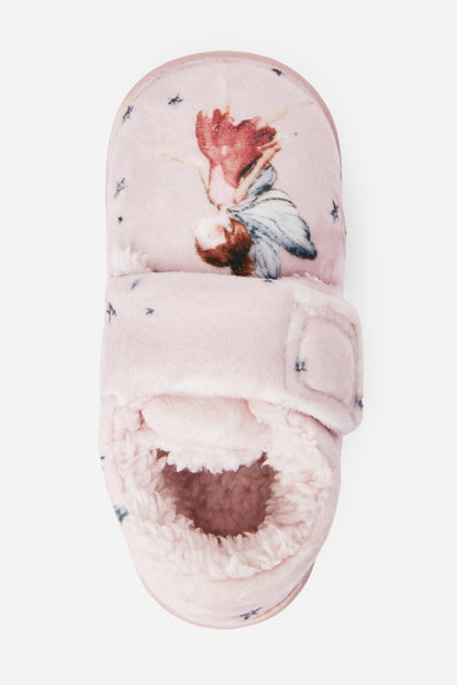 Pink plush baby slipper with open top, unicorn-style graphic and fuzzy lining