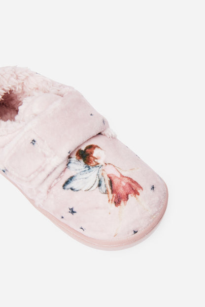 Pink plush baby slippers with side graphic, star details, soft molded sole