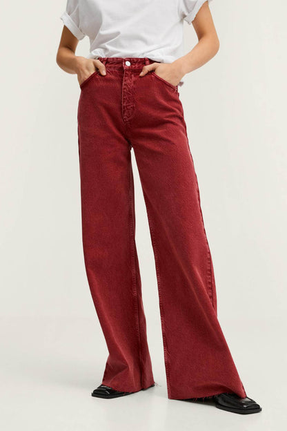 Red wide-leg denim jeans with button and zip closure