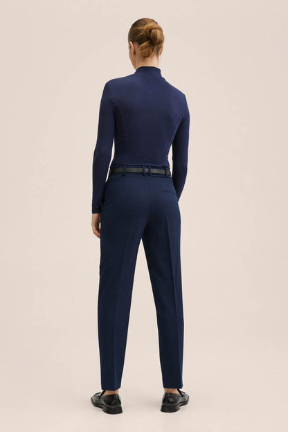 Dark navy tailored trousers, back view with belt and straight ankle-length cut